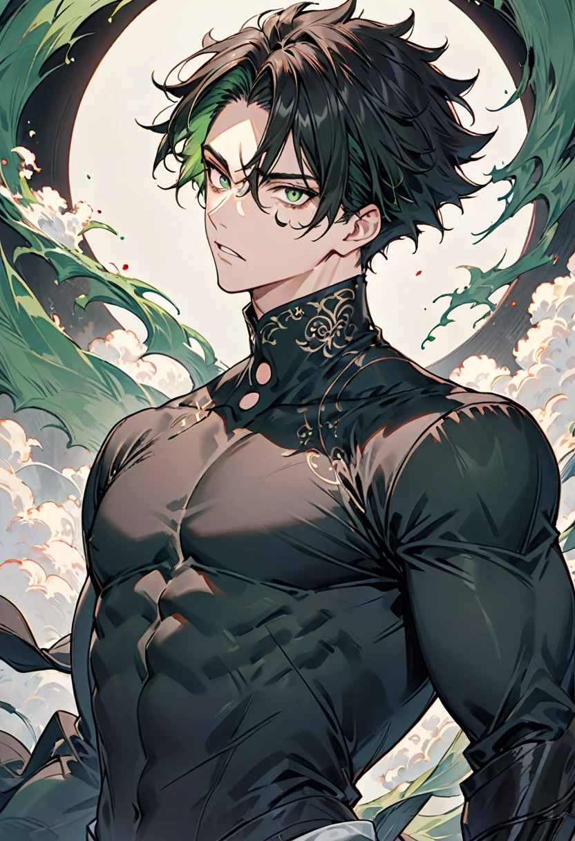 A young man, with intimidating appearance but very sexy, with slanted dark green eyes, he has marked circles under his eyes and an empty, dark look., His hair is black in layers that reaches the nape of his neck., It has a very marked jaw and muscular body., The man wears a black suit with gloves of the same color.