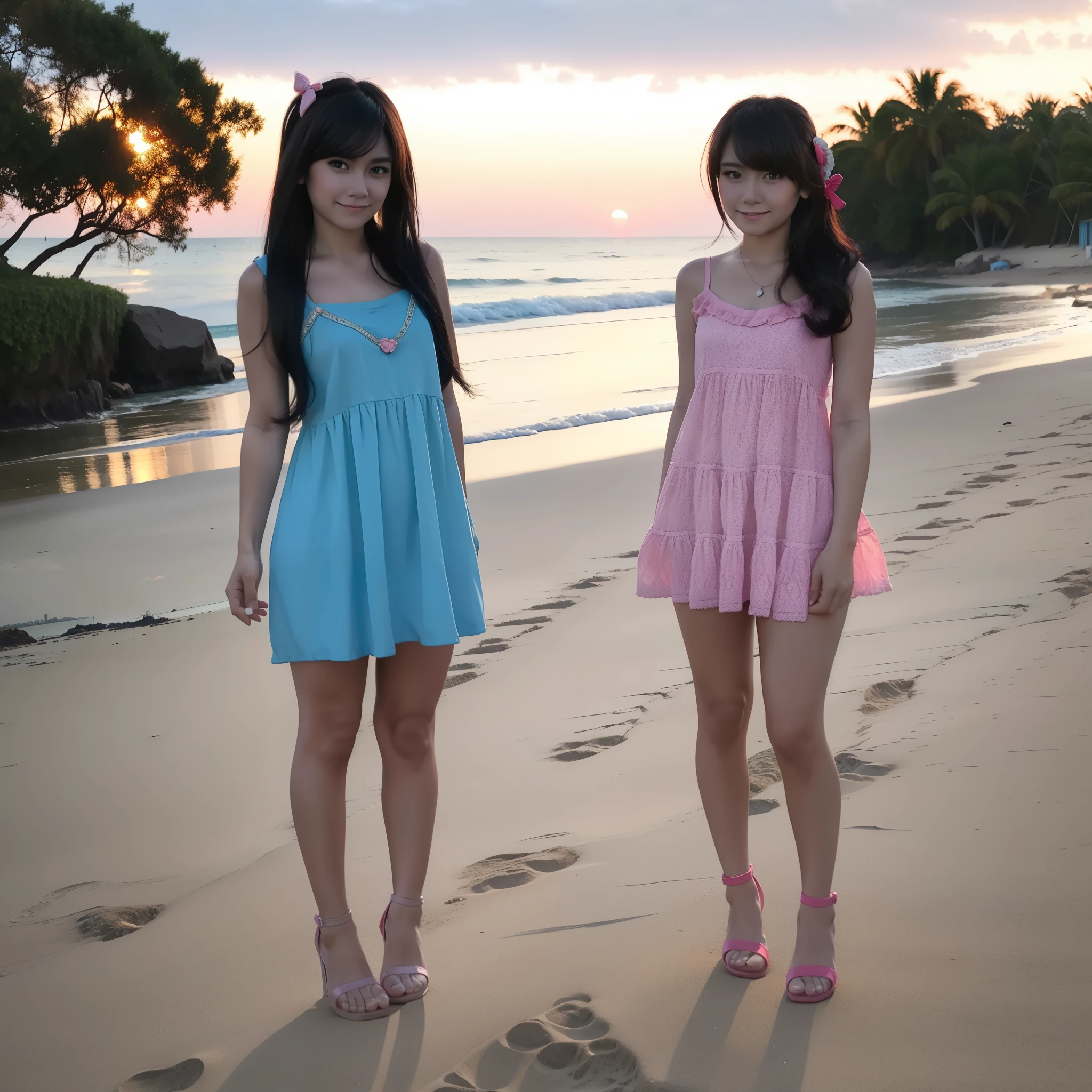 4 female, wearing pink blue aqua and red tight mini House dress, And wearing lingerie ,big , Standing At the beach square,  sunset, full body, with female friend, bobbed long hair, bun hair, heels, little smile, stylish each other 