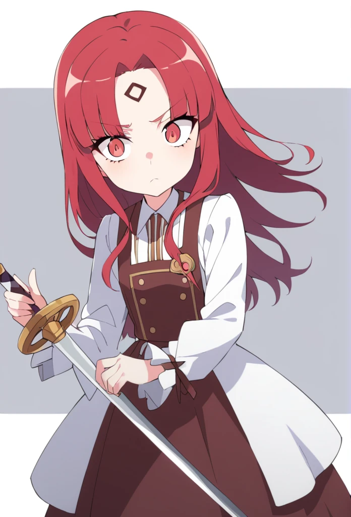 shorth hair, wavy and red, big eyes, and a serious expression. Ela usa roupa de mosqueira.There is a small ornament on the forehead, she also holds a rapier sword 