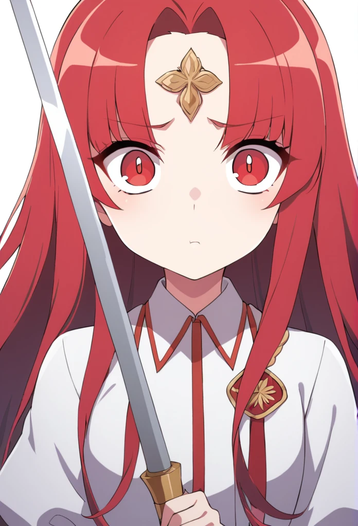 shorth hair, wavy and red, big eyes, and a serious expression. Ela usa roupa de mosqueira.There is a small ornament on the forehead, she also holds a rapier sword 