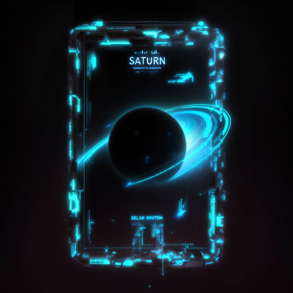 Digital, futuristic-style image featuring a detailed depiction of the planet Saturn. The layout is a vertical rectangular frame with a holographic, neon border that emits a spectrum of colors, including green, red, and blue. The central subject is Saturn, prominently displayed with its iconic rings, rendered in a realistic, high-resolution manner. Above the planet, the text 'SATURN' is written in a bold, white, sans-serif font, with 'SOLAR SYSTEM' in smaller text below the planet. The background is dark, enhancing the vibrant colors and the luminous effect of the holographic elements. The overall design has a high-tech, sci-fi aesthetic, with intricate circuit-like patterns and glowing accents surrounding the main image.