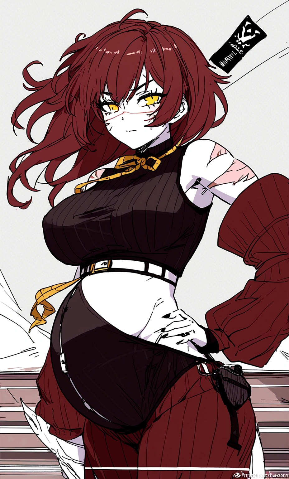Woman short red hair, white skin, yellow left eye, blue right eye, large breasts, muscular, full of scars, and pregnant