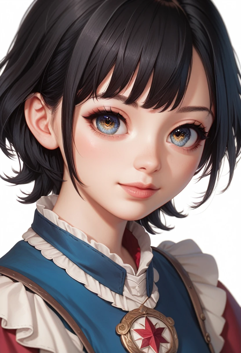 best quality, masterpiece, anime girl , young girl, 24 years old, 1girl, bangs, short hair, cute face, perfect shot, perfect anatomy, medieval, white background, solo girl, 4k, high resolution , detailed face, detailed eyes, beautiful eyes, black hair,  very close up, focus on face,  