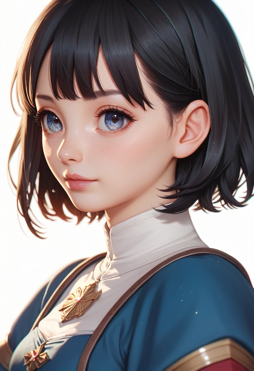 best quality, masterpiece, anime girl , young girl, 24 years old, 1girl, bangs, short hair, cute face, perfect shot, perfect anatomy, medieval, white background, solo girl, 4k, high resolution , detailed face, detailed eyes, beautiful eyes, black hair,  very close up, focus on face,  