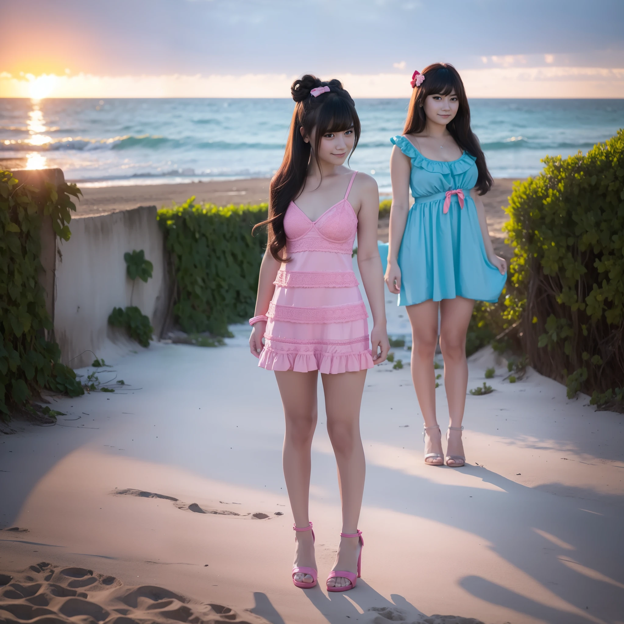 4 female, wearing pink blue aqua and red tight mini House dress, And wearing lingerie ,big , Standing At the beach square,  sunset, full body, with female friend, bobbed long hair, bun hair, heels, little smile, stylish each other 