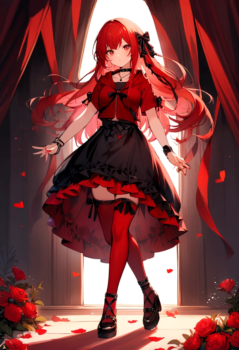 a girl with a red skirt and a black skirt that is under the red shirt . red stockings . red zip up hoodie, black shirt underneath with short sleeves and ,red hair, long hair and a flower with a ribbon on the bottom on the side on the hair and red eyes has a black Choker , and a small heart red necklace ,  has a ribbon bow waistband , full body 