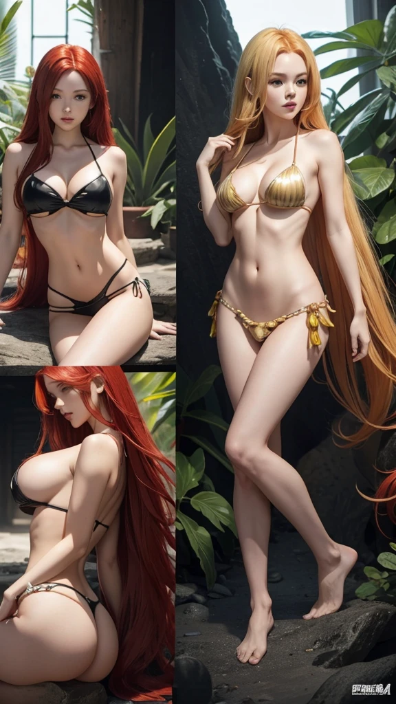 4 characters, character1 long red hair, no panties, mini skirt topless. Character 2 blonde tight fitting clothes, busty. Character 3 long black hair, mermaid, shell bikini. Character 4 pitite skinny , NSFW