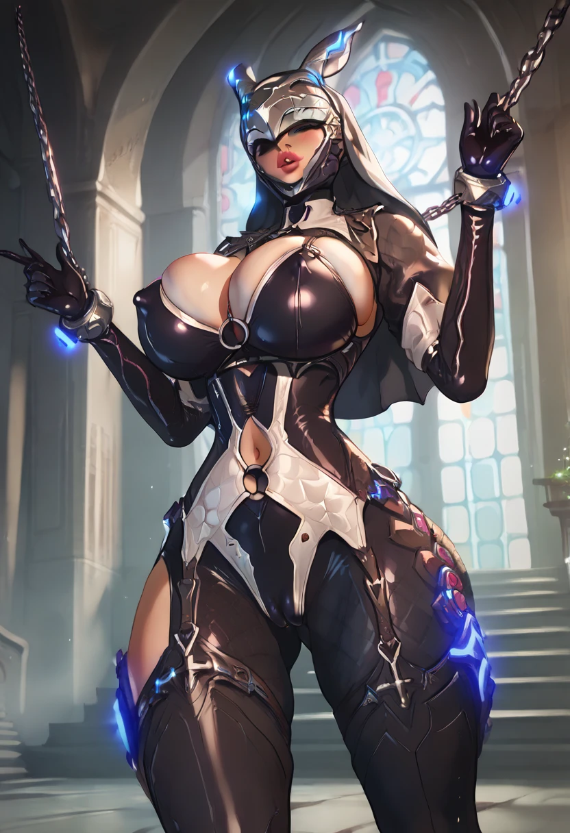 vlow angle, score_9. score_8_up, score_7_up, score_6_up, score_5_up, score_4_up, helmet , rating_explicit, , fit body, huge ass, cameltoe, navel, cleavage, short hair, bangs, looking at viewer, g4n1m3, in church, huge tits,  black lipgloss, undersized bra, huge breasts, skindentation, cleavage, nipples, bursting breasts, sideboob, erect nipples under clothes
BREAK
bondage outfit, bodysuit, fishnets,nun, chain,latex, corset,o-ring, gloves, garter straps, thigh boots, nun, mpov_fdom