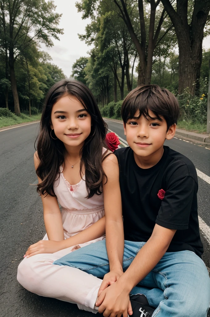 A boy and a girl sitting on the road holding roses