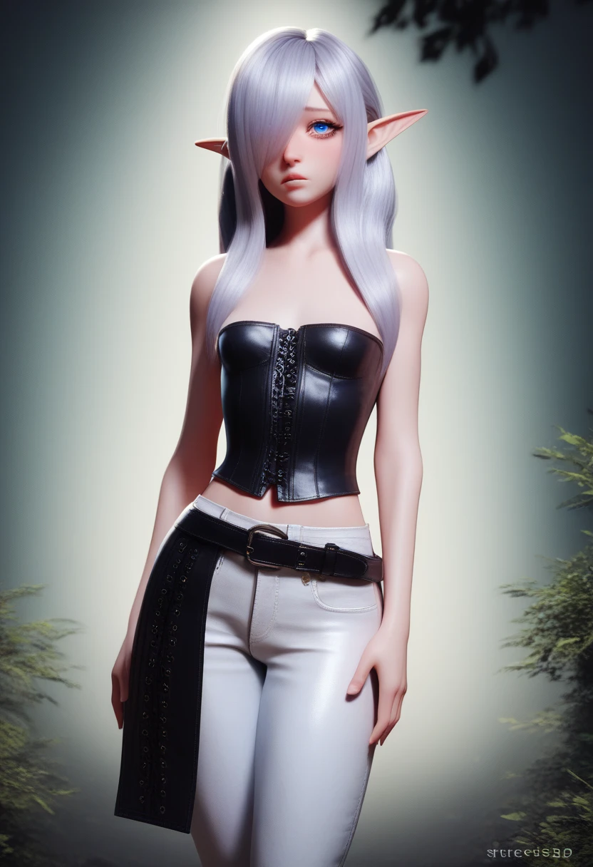 A detailed gnome girl with pale skin, short stature, and very long silver hair that curls at the ends, covering one eye, with small breasts, pouty lips, and bright blue anime-style eyes with long lashes, wearing a leather corset, white puffy-long-sleeved shirt, and puffy cloth pants, leather bound boots, set in a windy fantasy landscape, (best quality,4k,8k,highres,masterpiece:1.2),ultra-detailed, dungeons and dragons, long elf ears, small girl, detailed skin and cloth textures, beautiful detailed face, intricate details, extremely detailed, 1girl, dynamic pose with hair covering one eye, shy personality, cloth pants with leather belt
