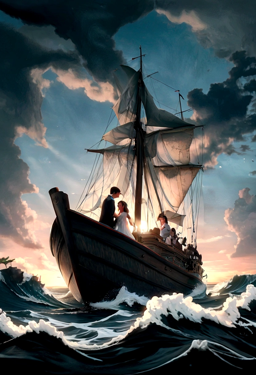 couple on a boat trying to catch their wedding rings that are falling into a rough sea