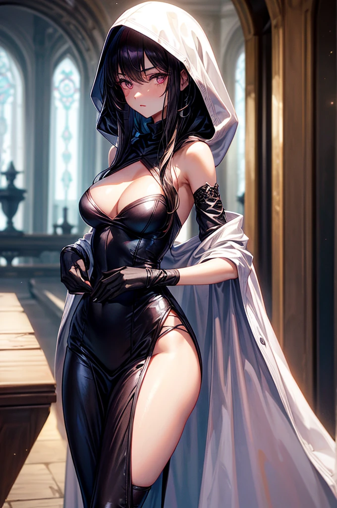 ( wearing a loose and long hooded sweatshirts ),gorgeous, masterpiece, best quality, high-resolution, finely detailed, extremely detailed and beautiful, distinct-image, 1 girl, 16 year old ager, solo, sharp facial features, oval shaped face. cherry pink lips, lightly tanned white skin. velvet-colored eyes, C-cup breasts, tall height(175cm), slim yet chiseled body type, short shoulder length dark violet-black hair, small narrow waist, long and slender legs, curvy wide hips, elegant Gothic training courtyard setting, rear view, showing her back angle