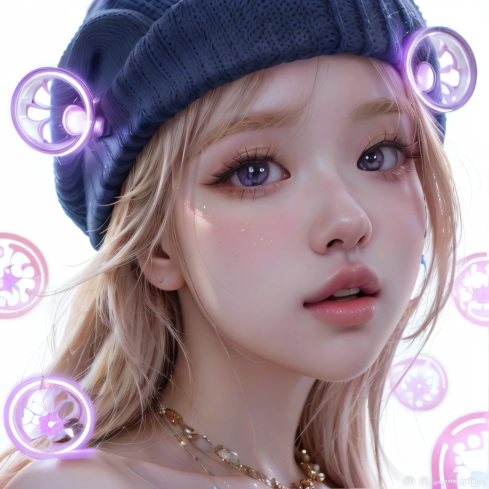 Girl with her tongue out a close up of a girl with a hat and a necklace, kawaii realistic portrait, artwork in the style of guweiz, trending on artstration, anime vibes, realistic artstyle, 🤤 girl portrait, realism artstyle, urban girl fanart, portrait of kim petras, loish art style, with glowing purple eyes, realistic art style blonde hair hair blonde Rose from blackpink blackpink rose