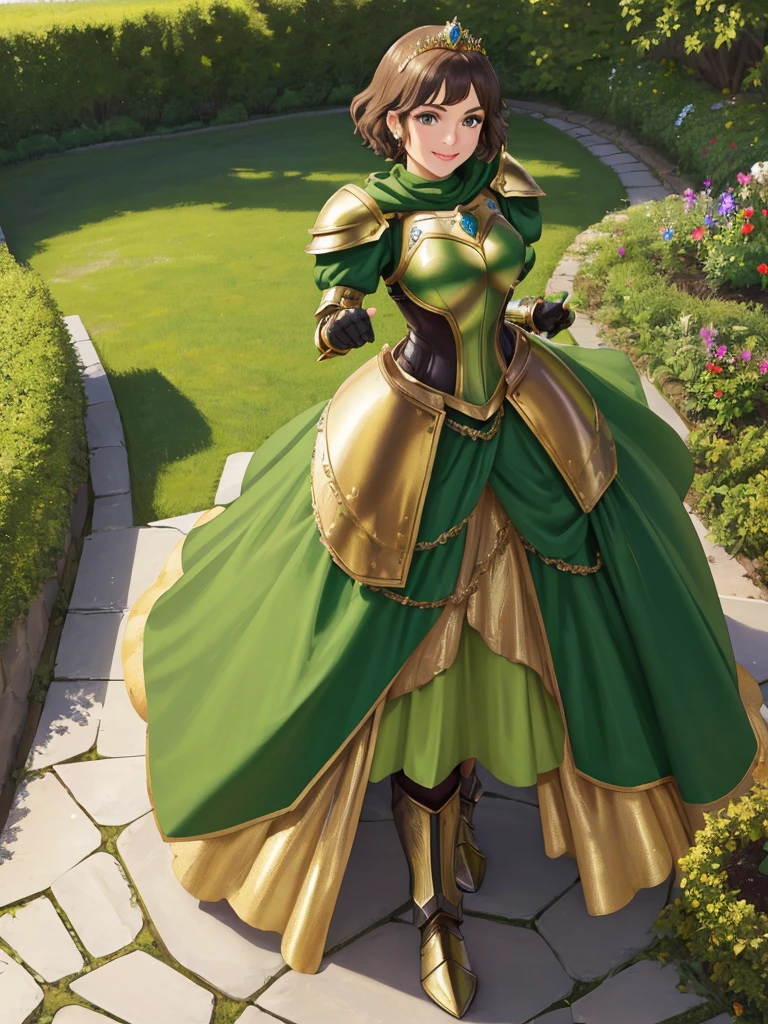masterpiece, best quality:1.2), 1girl, smile, looking at viewer, green eyes, short brown hair, princess, armor, , pauldrons, armored dress, green cloak cape, wearing puffy blue ballgown skirt, golden tiara with green gem, armored boots, fingerless gloves, standing in medieval garden

