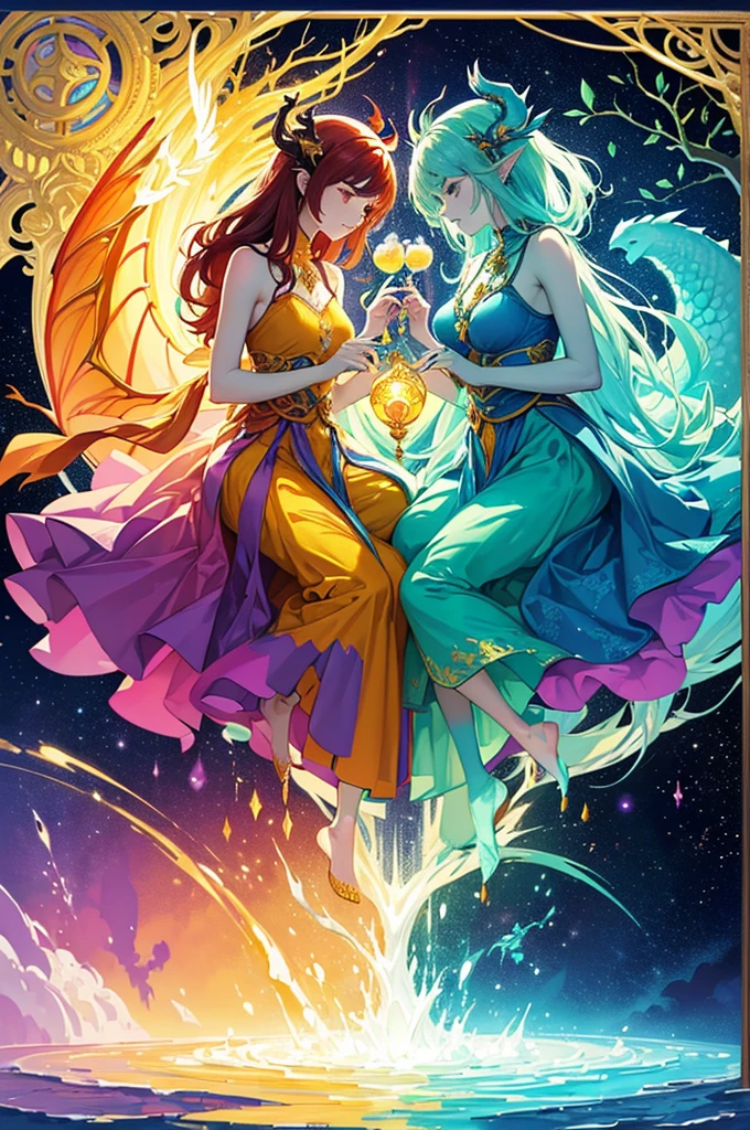 Create a fantasy image that harmonizes with the vibrant color palette of the provided border (Unripe, yellow, orange, blue and purple). Include elements like mythological creatures (Dragons, fênixes), natural elements (enchanted trees, shining rivers) and a magical setting. Art must be detailed, ethereal and with smooth transitions between colors, evoking an enchanted kingdom or dreamscape.