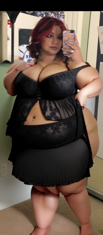 there is a woman that is taking a picture in the mirror, she is wearing a black dress, full body picture, taken in the early 2020s, cute black dress, zoomed out full body, wearing a black dress, she has a jiggly fat round belly, taken in the late 2000s, Big tits, huge , no clothes, sexy, cute, wide hips, thick thighs, pear-shaped body, minimal clothes, thick, bbw, chubby stomach, thick nipples, nipple piercings, large areola, hard nipples, piercing through shirt, nipples hard through shirt, busty, major cleavage, naked, ripping through top, spilling over sides, bra too tight, giant , dominatrix, dominatrix clothes, fat stomach, fat belly showing, grabbing sexy jiggly fat round belly, naked