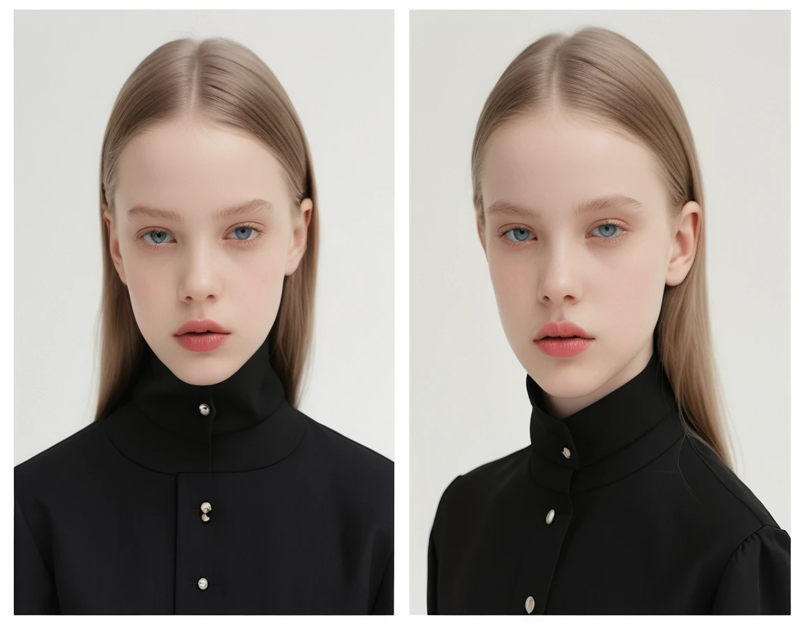 fashion full length photo, 11 years old girl balenciaga mode, with lips apart, ultra white pale skin, light black color, artistic photo, professional photo, perfect cinematic light, full lips, different sides photo