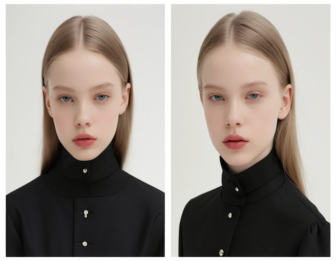 fashion full length photo, 11 years old girl balenciaga mode, with lips apart, ultra white pale skin, light black color, artistic photo, professional photo, perfect cinematic light, full lips, different sides photo