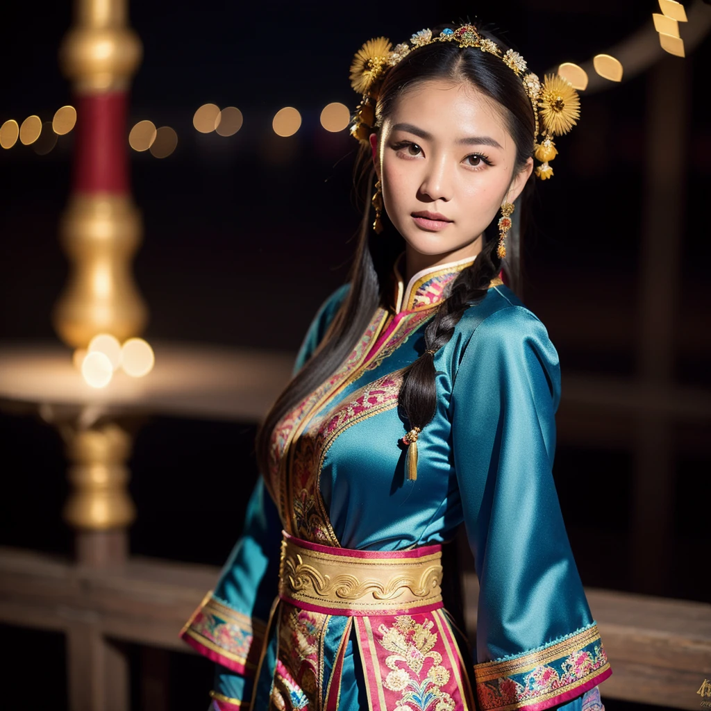 ((best quality)), ((masterpiece)), (detailed), 1 Beauty, Portraiture ,Character leaning to the right,Mongolian national costume,Long sleeve background Ulaanbaatar,Blurred Background,night