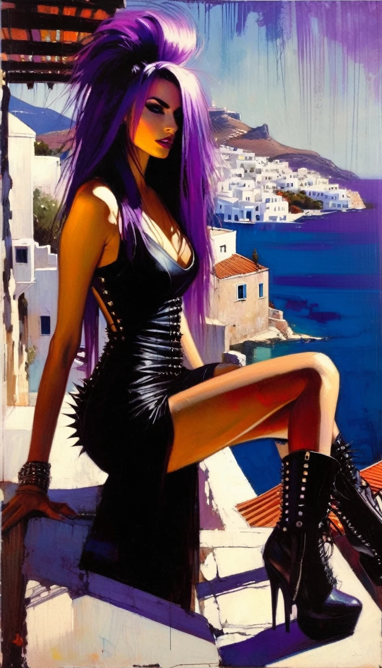 sexy girl, long purple hair, punk look, tight black dress, spikes, sitting on a terrace with stunning views of a typical Greek village: 1.5(art inspired in Bill Sienkiewicz). oil painting) 