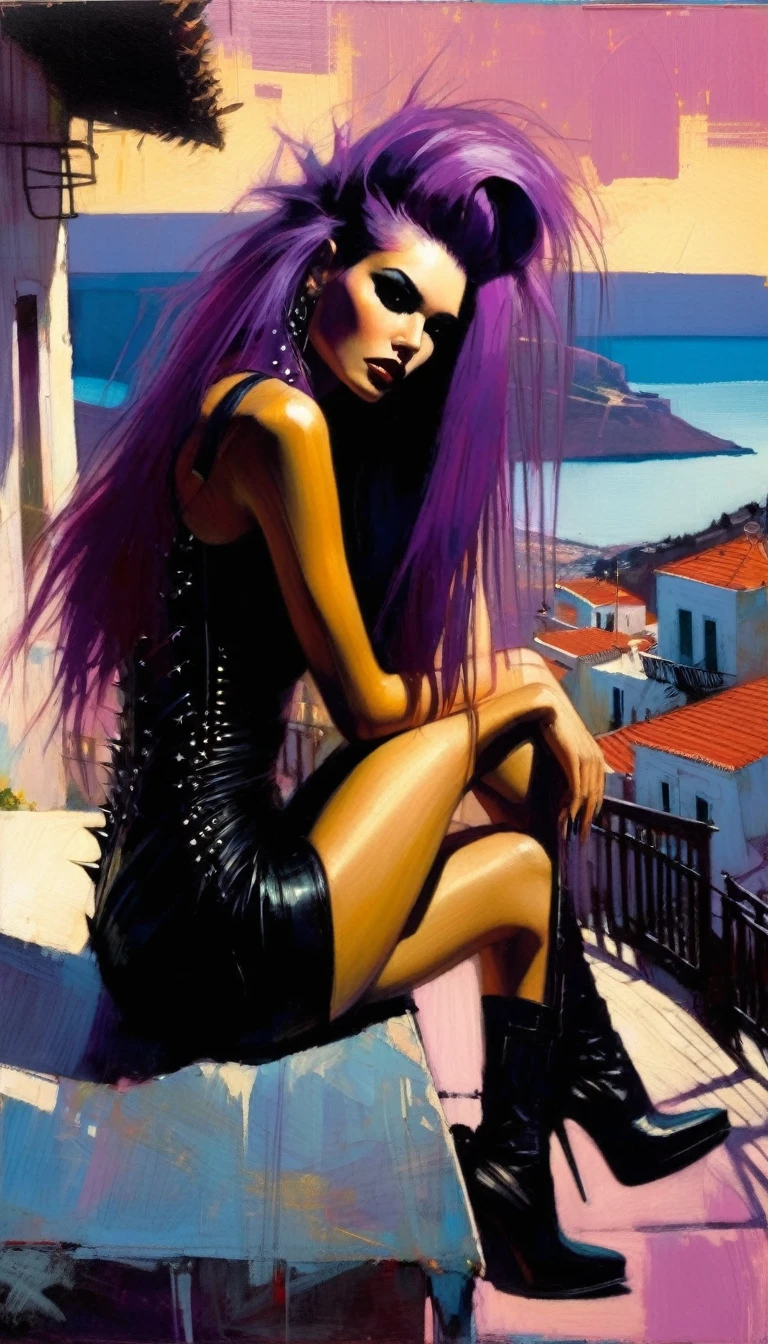 sexy girl, long purple hair, punk look, tight black dress, spikes, sitting on a terrace with stunning views of a typical Greek village: 1.5(art inspired in Bill Sienkiewicz). oil painting) 