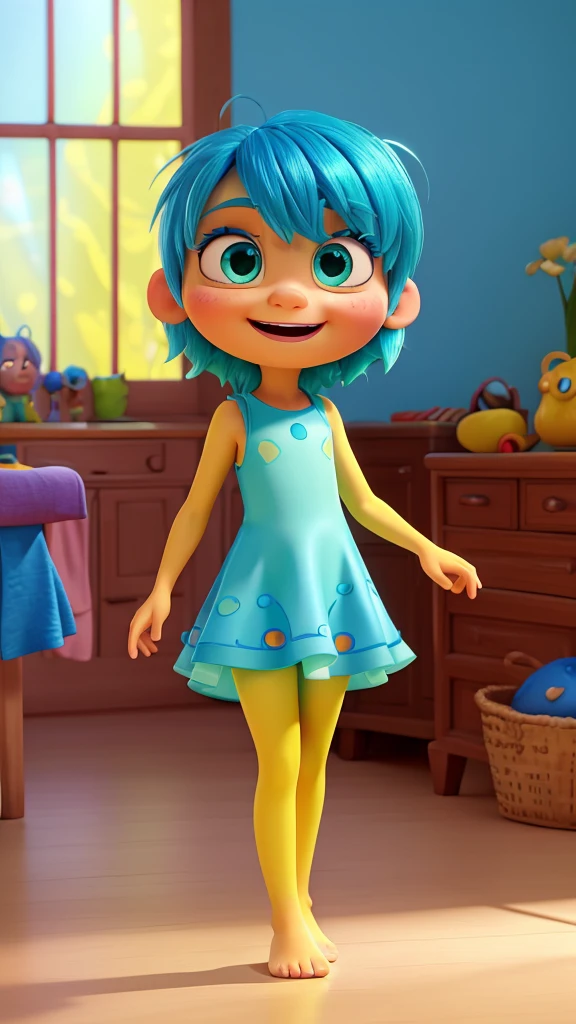 3d cartoon character from Inside Out Disney Pixar style, with glowing yellow skin, blue colored eyes, straight blue hair spiked on top, light green dress, barefoot. Face with a look of joy