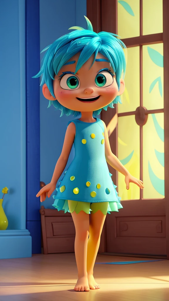 3d cartoon character from Inside Out Disney Pixar style, with glowing yellow skin, blue colored eyes, straight blue hair spiked on top, light green dress, barefoot. Face with a look of joy