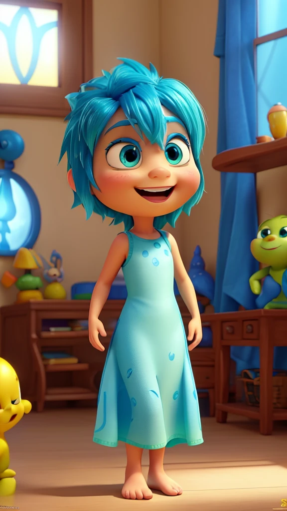 3d cartoon character from Inside Out Disney Pixar style, with glowing yellow skin, blue colored eyes, straight blue hair spiked on top, light green dress, barefoot. Face with a look of joy