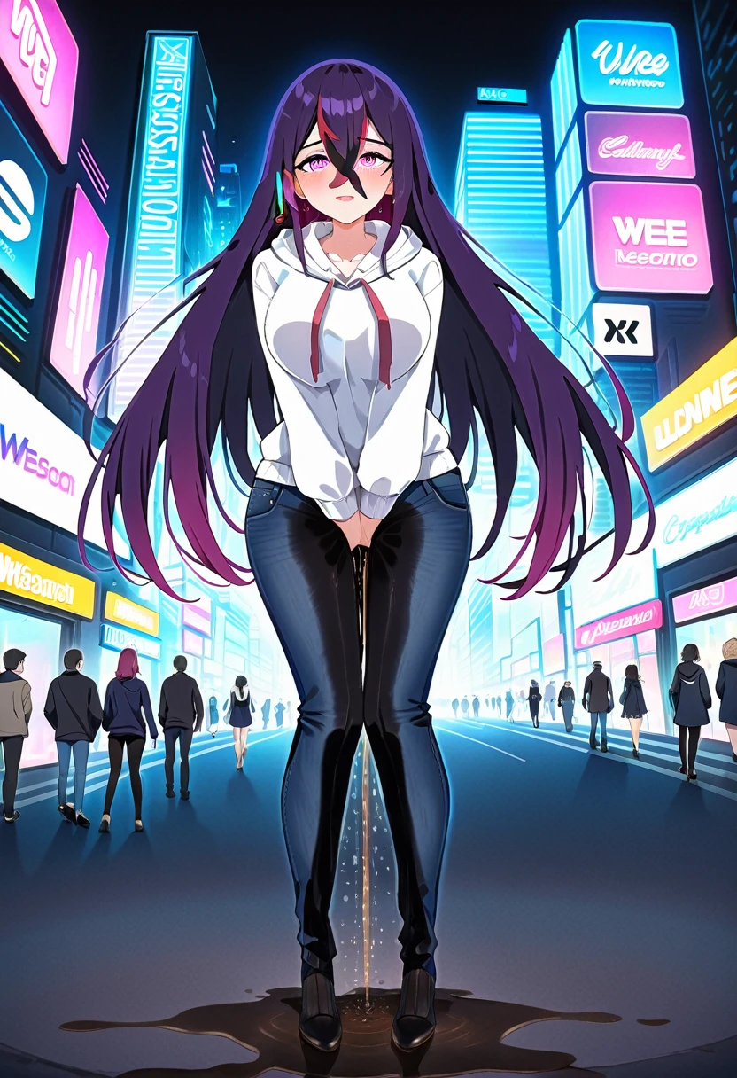 (masterpiece:1.37), best quality, (extremely detailed:1.37), woman, mature, adult, large breasts, very long hair, dark purple hair, purple eyes, (extremely detailed eyes:1.37), hoodie, jeans, desperation, (wetting self:2.0), standing, city, futuristic, neon lighting, high-tech, full body