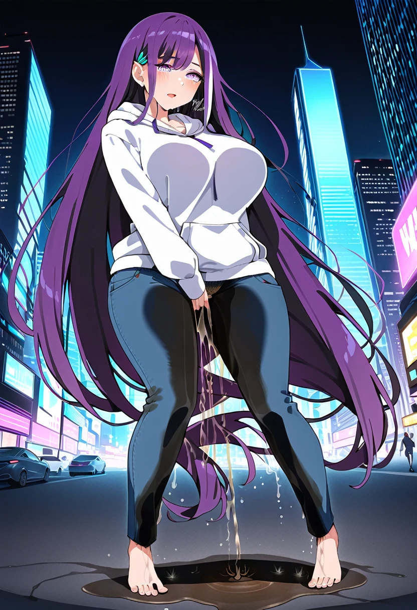 (masterpiece:1.37), best quality, (extremely detailed:1.37), woman, mature, adult, large breasts, very long hair, dark purple hair, purple eyes, (extremely detailed eyes:1.37), hoodie, jeans, desperation, (wetting self:2.0), standing, city, futuristic, neon lighting, high-tech, full body