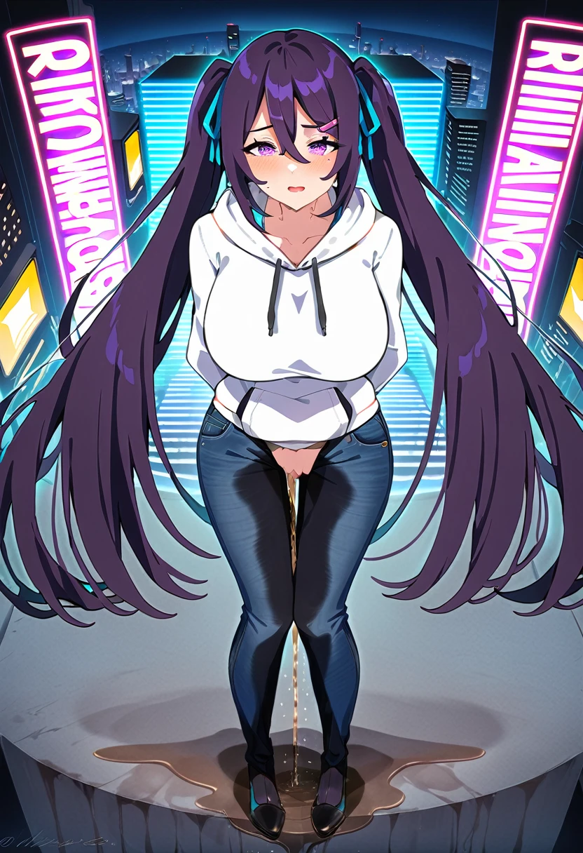 (masterpiece:1.37), best quality, (extremely detailed:1.37), woman, mature, adult, large breasts, very long hair, dark purple hair, purple eyes, (extremely detailed eyes:1.37), hoodie, jeans, desperation, (wetting self:2.0), standing, city, futuristic, neon lighting, high-tech, full body