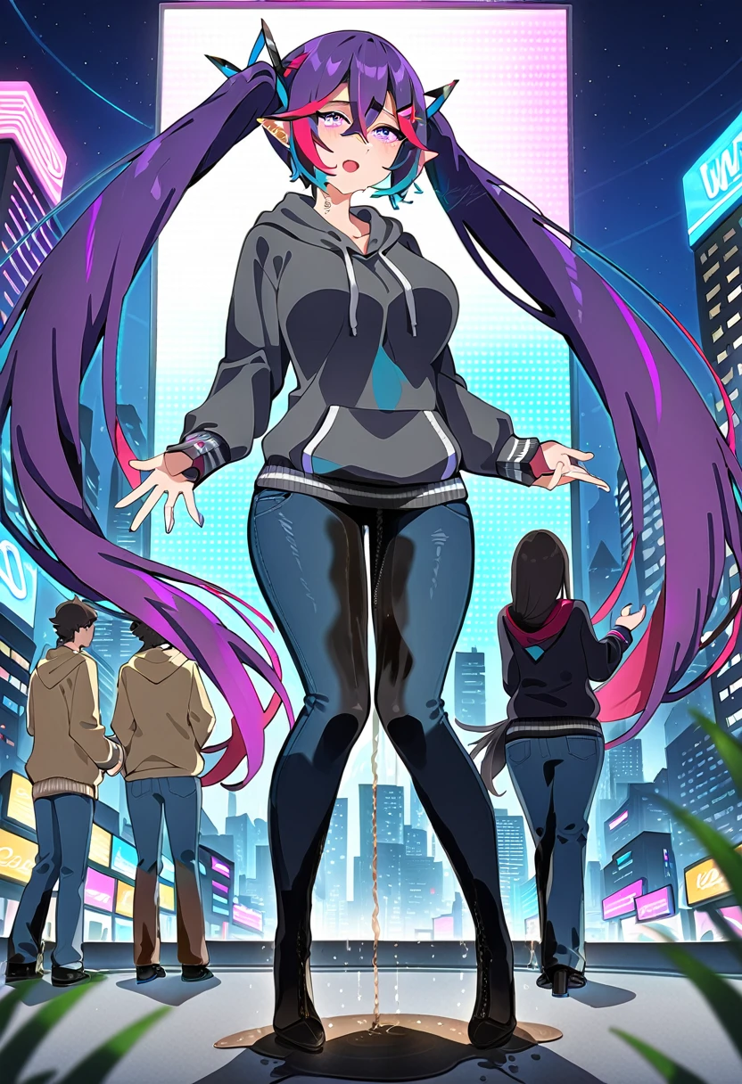 (masterpiece:1.37), best quality, (extremely detailed:1.37), woman, mature, adult, large breasts, (very long hair:1.5), dark purple hair, purple eyes, (extremely detailed eyes:1.37), hoodie, jeans, desperation, (wetting self:2.0), standing, city, futuristic, neon lighting, high-tech, full body