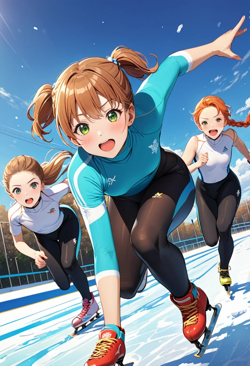 Highest quality、High resolution、Detailed Background、(Beautiful face in every detail:1.4)、Anatomically correct、(Detailed facial expressions)、(fine grain:1.2), (shoot from below:1.5), Teenage Beauty、Cute hair color、Braided Ponytail、Braided bob cut、Braided twin tails、, Speed skater, Beautiful forward leaning form, (one piece、turtleneck、No sleeve:1.5、Full Body Tights、Old-fashioned, plain skates)、Perfect body line、 (Desperately slipping away on the ice:1.5、Sprinting:1.5)、(I have tears in my eyes:1.5、Screaming and looking like she's about to cry)、Extreme Speed、in the forest、lake、Flowing Scenery