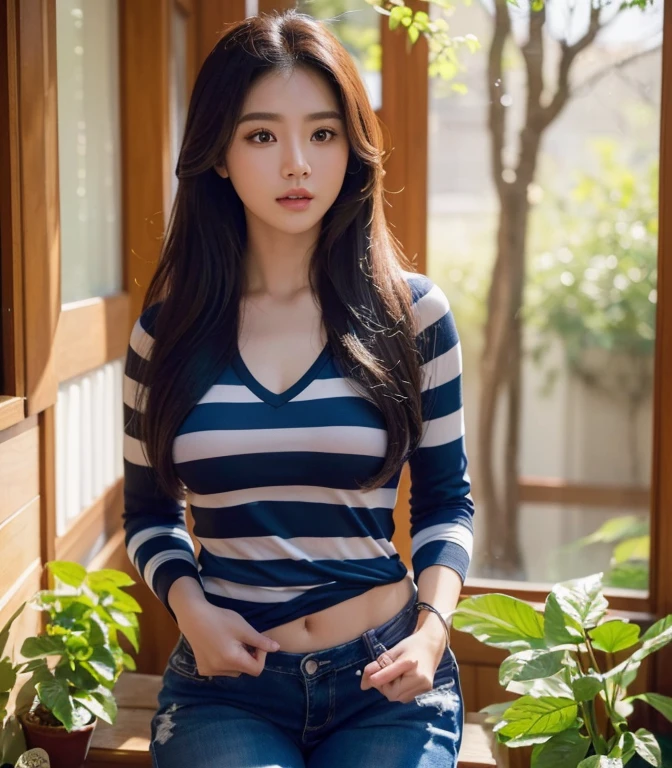 8k images, Shot with a high quality Fuji 45 camera., Pixels, best quality, Masterpiece:1.2), (realistic, photo-realistic:
1 woman,cute, ผู้หญิงlong hairชาวเอเชียตะวันออกเฉียงใต้ที่มีใบหน้ากลม, Open the aperture wide., professional lighting, Sony A7R4, 50 mm sitting lens. 2 long hairชาวเอเชียตะวันออกเฉียงใต้ที่มีใบหน้ากลม, Chest circumference measures 36 inches., Warm light, long hair,black eyes,abdominal muscles, The body is beautiful and strong., thick hips, rounded chest, (digital painting, HDR, high contrast), 3d, 8K, 45,000,000 pixcls,,