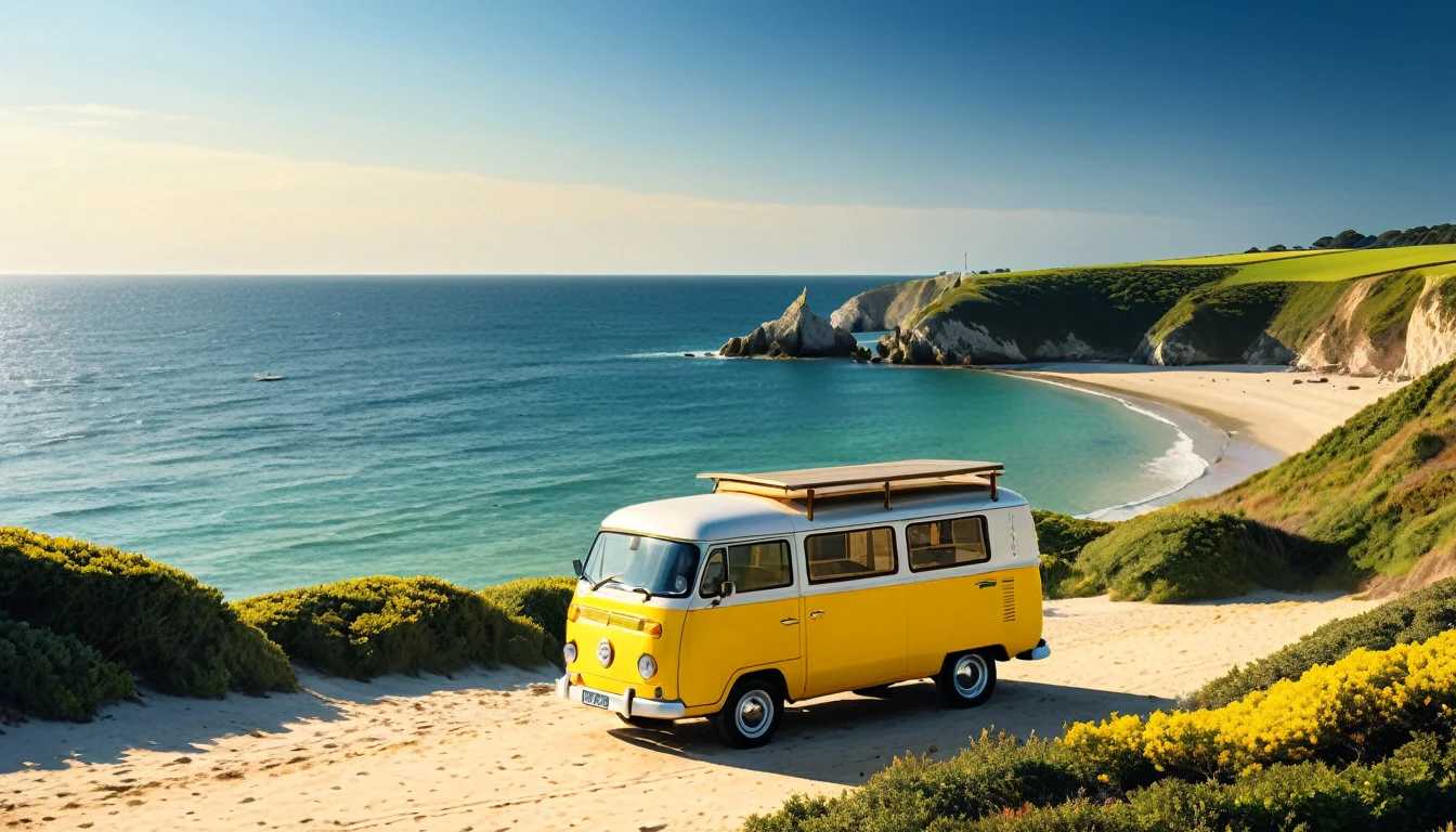 A beautiful seascape image，Beautiful coastline，live action style，With romantic aesthetics，Beautiful light and shadow of afternoon sun，Natural Elements，and a yellow Action Cafe van