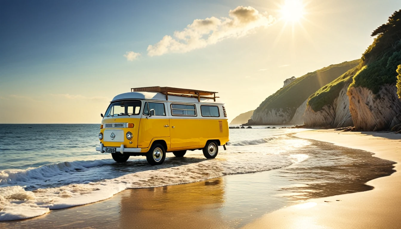 A beautiful seascape image，Beautiful coastline，live action style，With romantic aesthetics，Beautiful light and shadow of afternoon sun，Natural Elements，and a yellow Action Cafe van