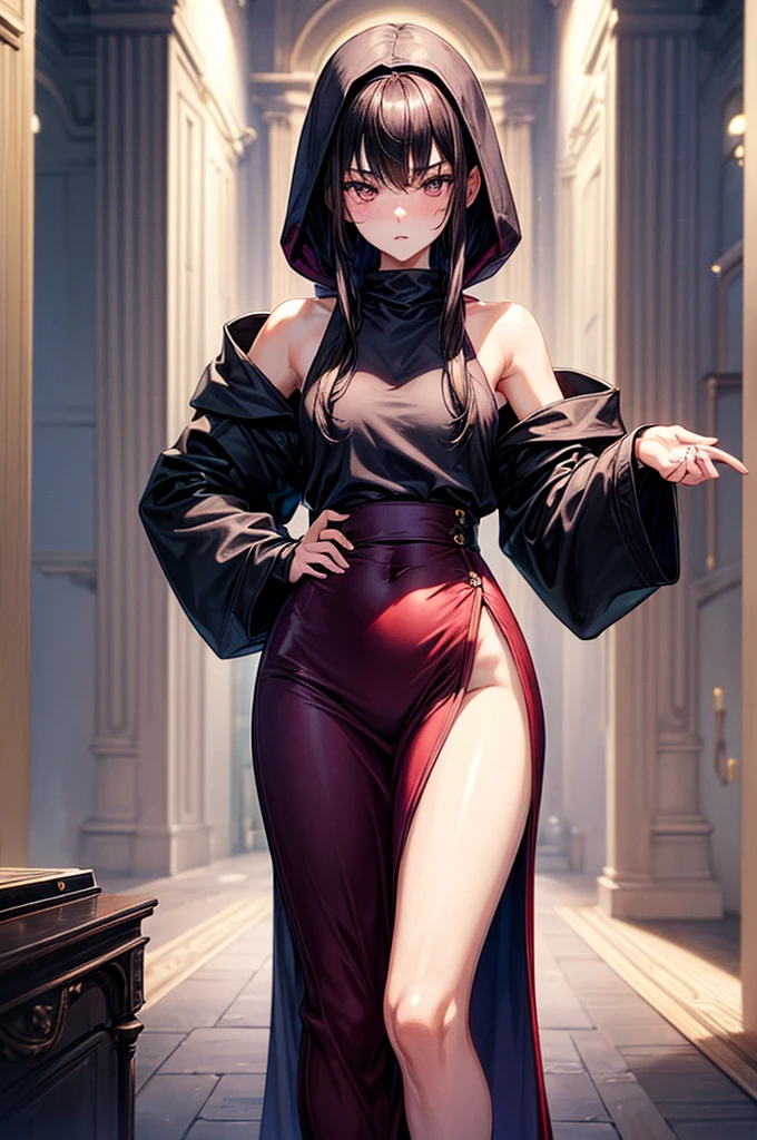 ( wearing a loose and long hooded sweatshirts ),gorgeous, masterpiece, best quality, high-resolution, finely detailed, extremely detailed and beautiful, distinct-image, 1 girl, 16 year old teenager, solo, sharp facial features, oval shaped face. cherry pink lips, lightly tanned white skin. velvet-colored eyes, C-cup breasts, tall height(175cm), slim yet chiseled body type, short shoulder length dark violet-black hair, small narrow waist, long and slender legs, curvy wide hips, elegant Gothic training courtyard setting, rear view, showing her back angle