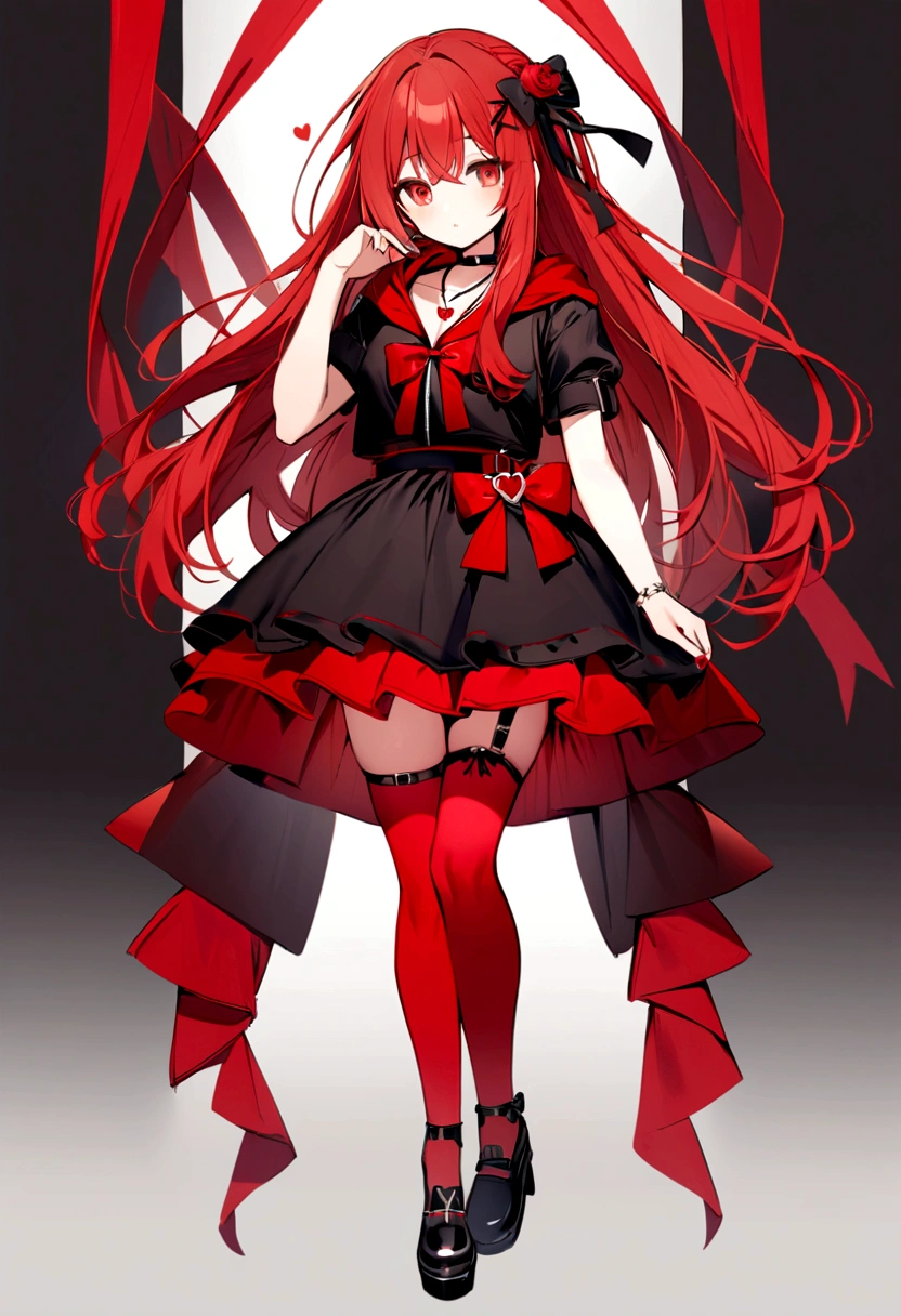 a girl with a black skirt and a longer red skirt on the bottom. red stockings . red zip up hoodie, black shirt underneath with short sleeves and ,red hair, long hair and a flower with a ribbon on the bottom on the side on the hair and red eyes has a black Choker , and a small heart red necklace ,  has a ribbon bow waistband , full body 
