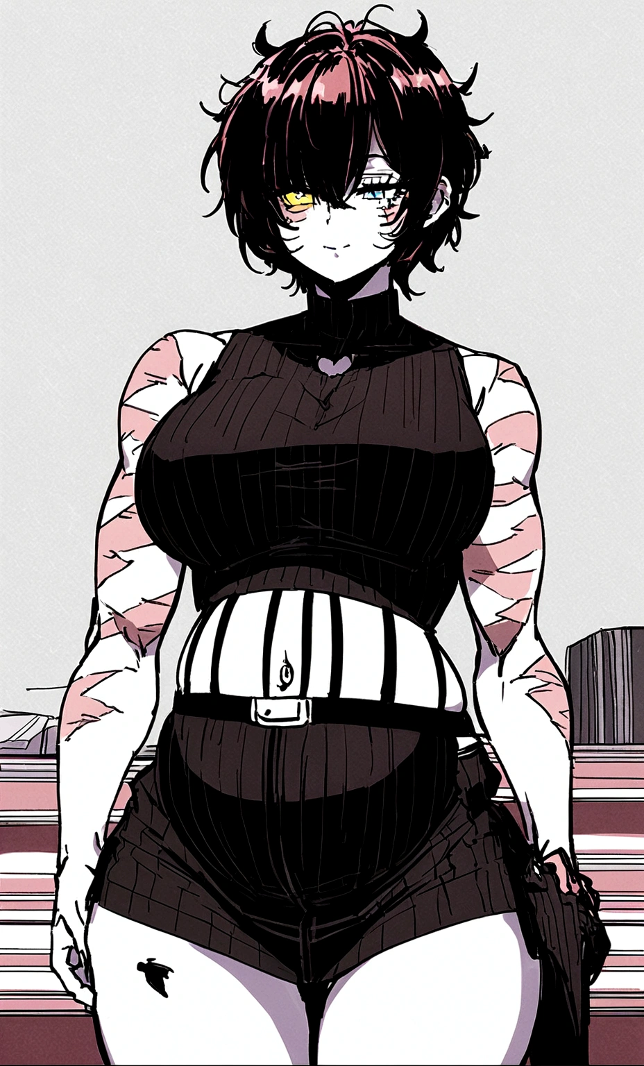 Woman short red hair, white skin, yellow left eye, blue right eye, large breasts, muscular, full of scars, and pregnant