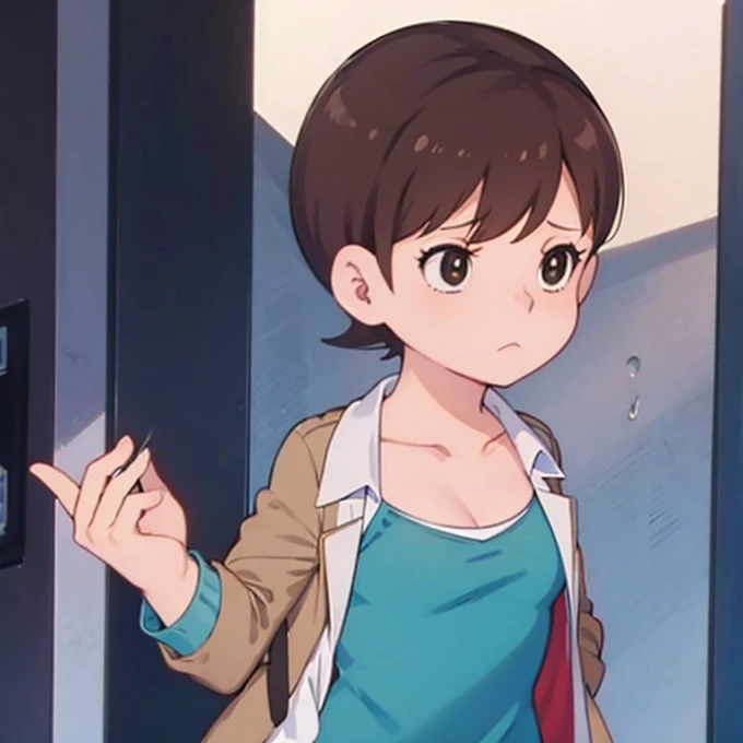 (((masterpiece))), ShizukaMikazuki, 1girl, solo, looking at viewer, short hair, brown hair, long sleeves, cleavage, medium breasts, closed mouth, collarbone, jacket, open clothes, open jacket, blue jacket, ground vehicle, sports bra, bicycle,