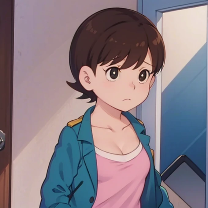 (((masterpiece))), ShizukaMikazuki, 1girl, solo, looking at viewer, short hair, brown hair, long sleeves, cleavage, medium breasts, closed mouth, collarbone, jacket, open clothes, open jacket, blue jacket, ground vehicle, sports bra, bicycle,