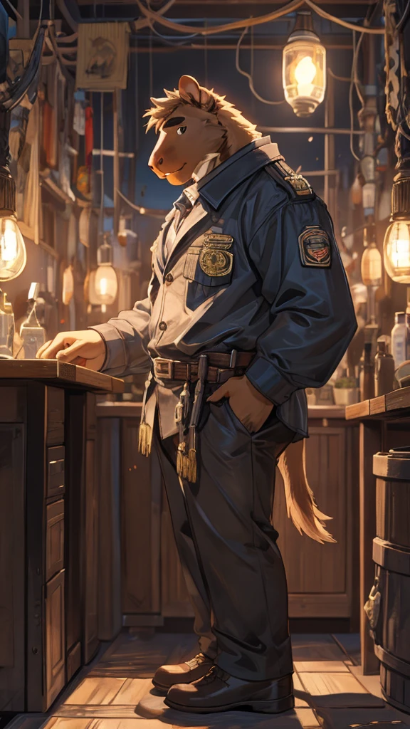 A male furry capybara, about 25 years old, not big but has a marked body, wearing mechanic's clothes