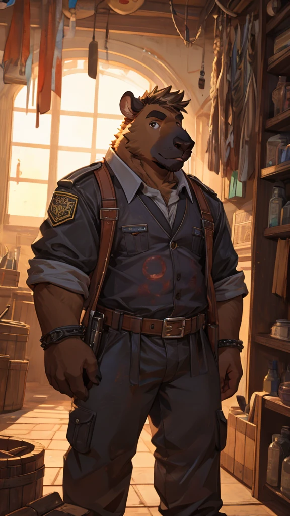 A male furry capybara, about 25 years old, not big but has a marked body, wearing mechanic's clothes
