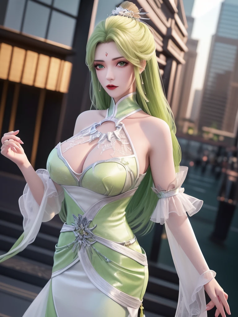 1girl, mature female,long dress, cityscape, looking at viewer, detached sleeves, hair ornament,forehead mark,cowboy shot,high ponytail, metal trim,bra,see-through, Big breasts,Low-cut light green clothes, snakes around, short yellow hair, light green eyes, big thighs, goth 