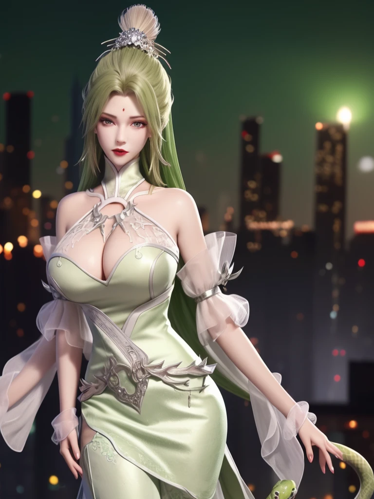 1girl, mature female,long dress, cityscape, looking at viewer, detached sleeves, hair ornament,forehead mark,cowboy shot,high ponytail, metal trim,bra,see-through, Big breasts,Low-cut light green clothes, snakes around, short yellow hair, light green eyes, big thighs, goth 