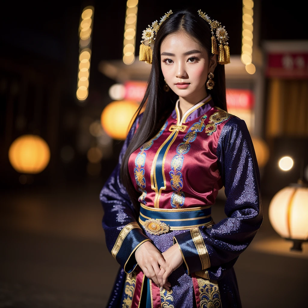 ((best quality)), ((masterpiece)), (detailed), 1 Beauty, Portraiture ,Character leaning to the right,Mongolian national costume,Long sleeve background Ulaanbaatar,Blurred Background,night