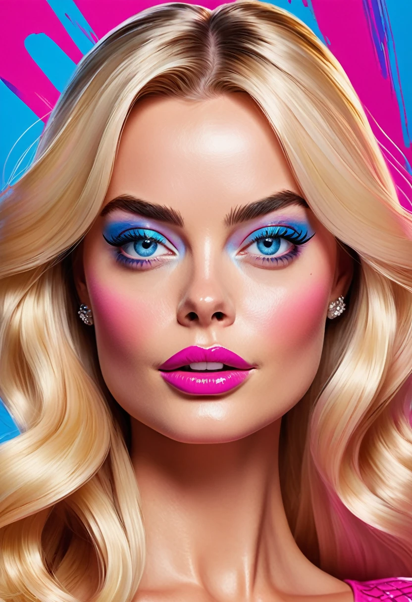 (Masterpiece artwork, 8K, uhd, high resolution: 1.4), vibrant portrait of Margot Robbie as Barbie in Spider-Verse art style, (stylized and detailed strokes: 1.3), (shiny, wavy blonde hair: 1.2), (big, expressive blue eyes: 1.2), (Barbie&#39;s iconic outfit with modern, colorful touches: 1.3), (confident and dynamic pose: 1.3), (comic animation elements with hand-drawn textures and shadows: 1.2), (background with stylized and colorful urban scenes: 1.1), (Cheerful and energetic atmosphere: 1.3), Intricate, vibrant details, (fantasy and modern elements: 1.2), (dynamic and captivating perspective: 1.3)