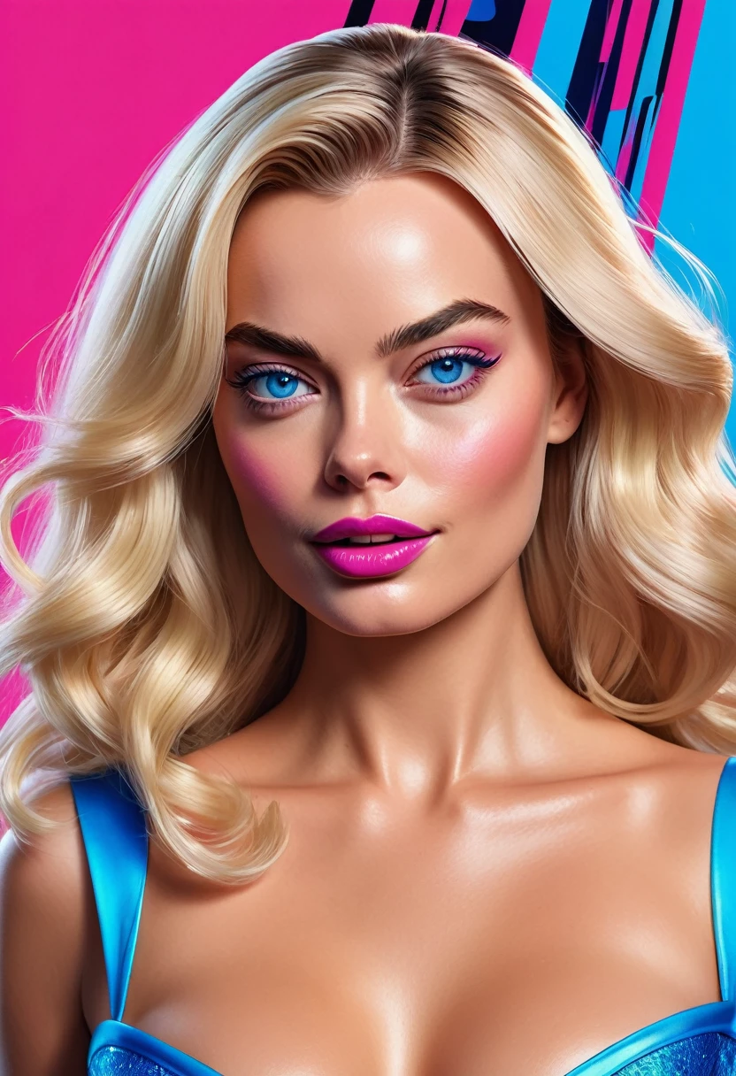 (Masterpiece artwork, 8K, uhd, high resolution: 1.4), vibrant portrait of Margot Robbie as Barbie in Spider-Verse art style, (stylized and detailed strokes: 1.3), (shiny, wavy blonde hair: 1.2), (big, expressive blue eyes: 1.2), (Barbie&#39;s iconic outfit with modern, colorful touches: 1.3), (confident and dynamic pose: 1.3), (comic animation elements with hand-drawn textures and shadows: 1.2), (background with stylized and colorful urban scenes: 1.1), (Cheerful and energetic atmosphere: 1.3), Intricate, vibrant details, (fantasy and modern elements: 1.2), (dynamic and captivating perspective: 1.3)