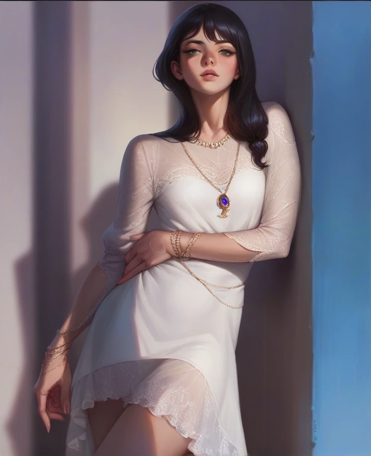 Lisa from blackpink in a white dress short black hair, posing in a sexy way with a deep look, It's 4k