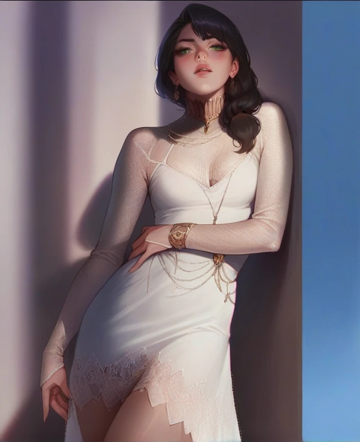 Lisa from blackpink in a white dress short black hair, posing in a sexy way with a deep look, It's 4k